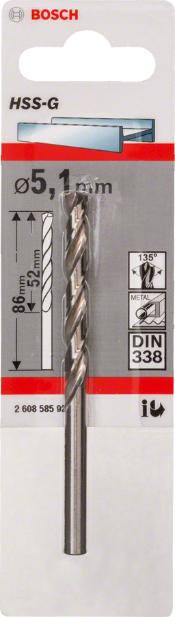 HSS-G urbji metālam 5,1mm , 1gab., Urbjmašīnām/skrūvgriežiem HSS SLĪPĒTS SPIRĀLVEIDA URBIS, 2608585923, BOSCH