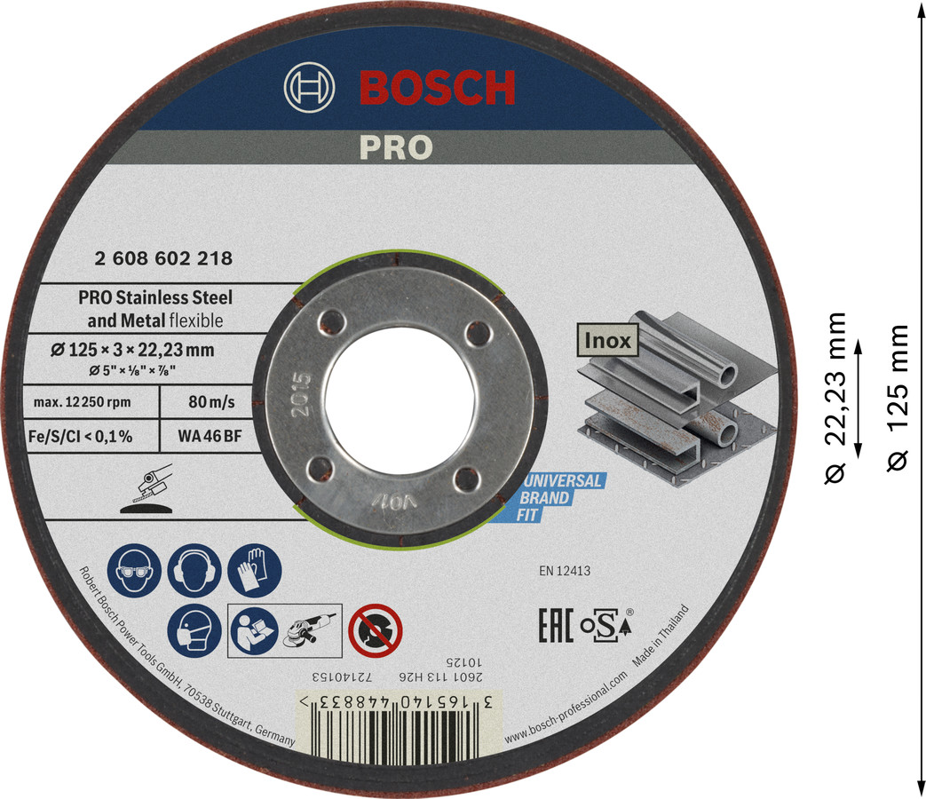 Slīpēšanas disks 125x3.0x22.23 mm, Mazām leņķa slīpmašīnām PRO SEMI-FLEXIBLE SLĪPRIPA AR SAISTVIELĀM, 2608602218 BOSCH