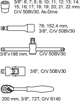 Instrumentu komplekts 3/8" (22gab.) instrumentu skapim YT-5542 YATO