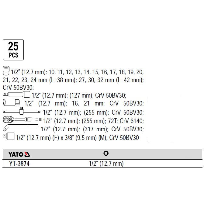 Įrankių rinkinys 1/2" (25 vnt.) YT-38741 YATO