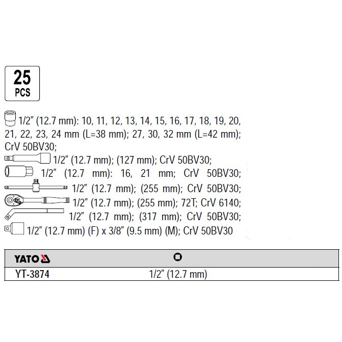 Tööriistakomplekt 1/2" (25tk.) YT-38741 YATO