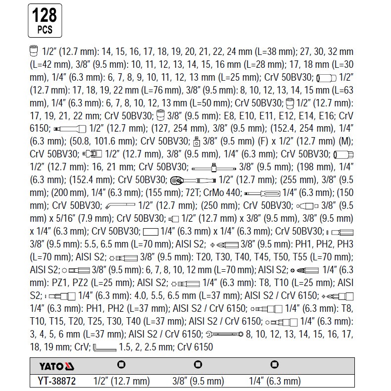 Tööriistakomplekt 1/4" , 1/2" , 3/8" (128 tk) YT-38872 YATO