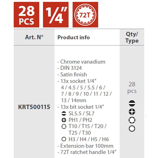 Tööriistakomplekt 1/4 "(28tk.) KRT500115 Kreator