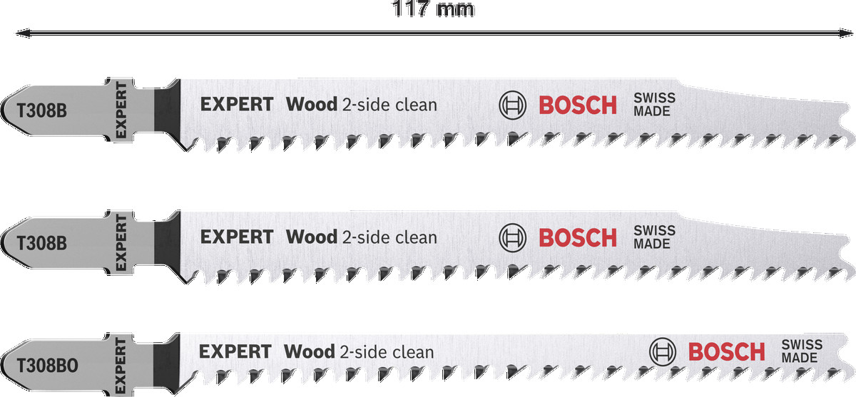 3  figūrzāģa asmeņi 2x T308B, 1x T308BO, Figūrzāģiem EXPERT WOOD 2-SIDE CLEAN FIGŪRZĀĢA ASMEŅU KOMPLEKTS, 2608900559, BOSCH