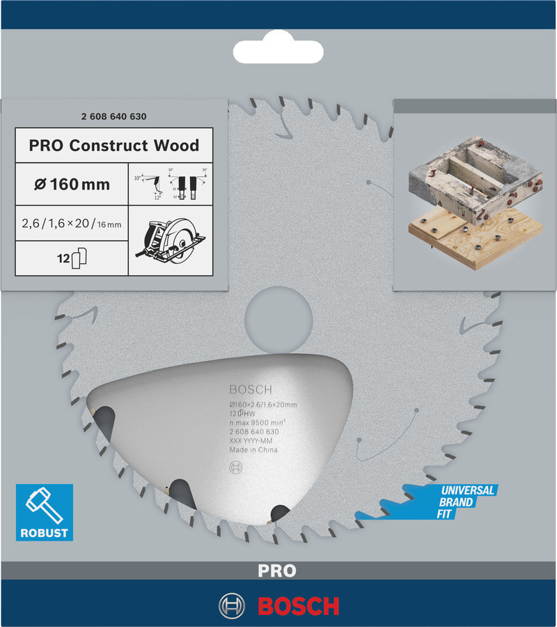 Ripzāģa disks 160x16 mm Construct Wood, Rokas ripzāģiem PRO CONSTRUCT WOOD RIPZĀĢA ASMENS, 2608640630, BOSCH