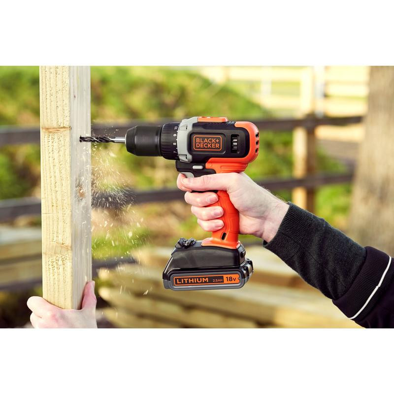 18V 2 Gear Drill Driver, single sleeve metal chuck, 2x 2.5Ah Battery, 1A Charger, Kitbox BCD002ME2K-QW BLACK DECKER