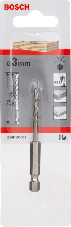 Urbis kokam, 6-kanta kāts Ø 3 mm, 73.5 mm, Urbjmašīnām/skrūvgriežiem, triecienurbjmašīnām/triecienskrūvgriežiem HSS SPIRĀLURBIS, 2608595519, BOSCH