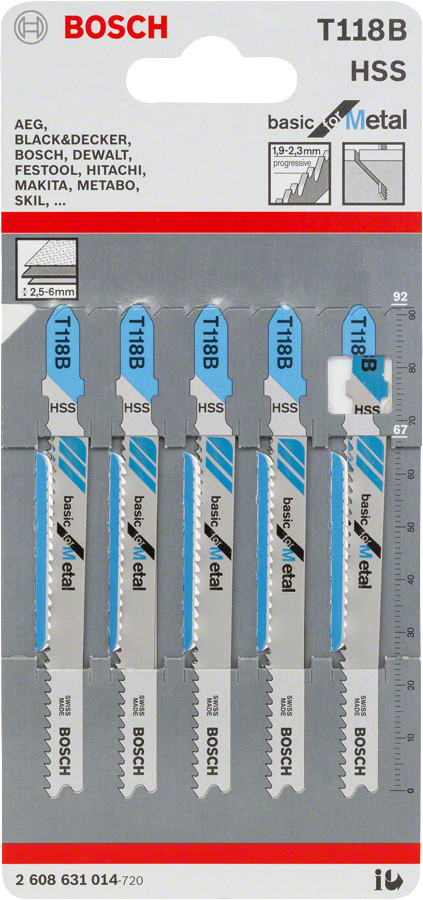 5 figūrzāģa asmeņi T 118 B, Figūrzāģiem FIGŪRZĀĢA ASMENS T 118 B BASIC FOR METAL, 2608631014, BOSCH