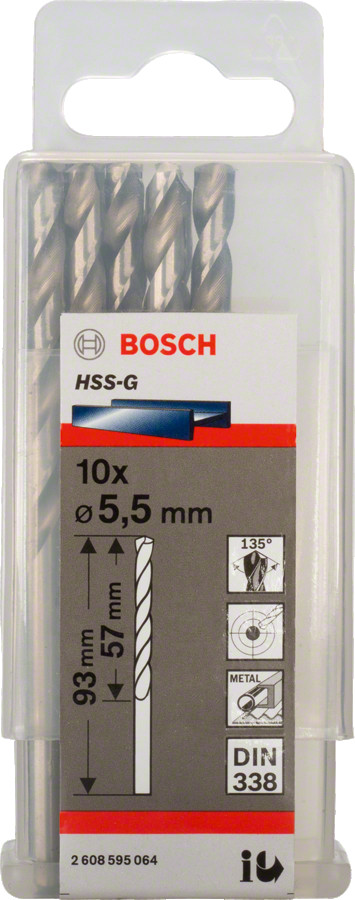 HSS-G urbji metālam 5,5mm, 10gab., Urbjmašīnām/skrūvgriežiem PRO METAL HSS-G STANDARTA SPIRĀLVEIDA URBJA GARUMS, 2608595064, BOSCH