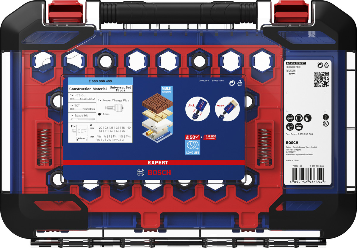 15-daļ. Caurumzāģu kompl. Construction Material, Urbjmašīnām/skrūvgriežiem, triecienurbjmašīnām/triecienskrūvgriežiem EXPERT CONSTRUCTION MATERIAL PC PLUS UNIVERSĀLS CAURUMZĀĢA KOMPLEKTS, 2608900489, BOSCH