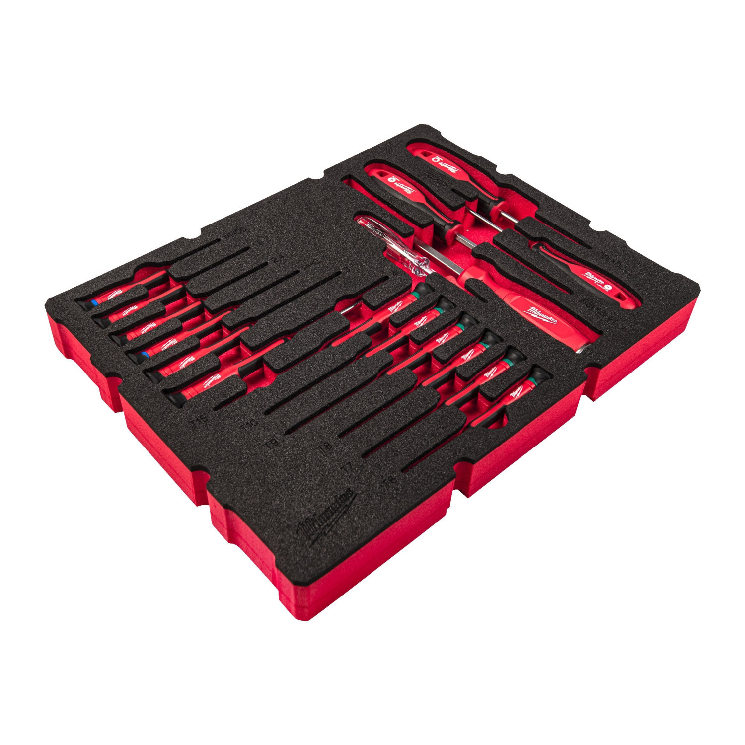 17 PACKOUT™ GAB. PRECĪZIJAS SKRŪVGRIEŽIEM PAREDZĒTS ATVILKTŅU PUTU IELIKTŅU KOMPLEKTS, 17 PC PACKOUT DRAWER PRECISION SCREWDRIVER FOAM INSERT SET, 4932493644 MILWAUKEE