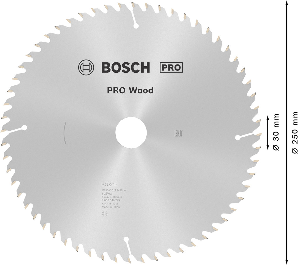 Ripzāģa disks 250x30mm Optiline Wood, Rokas ripzāģiem PRO WOOD RIPZĀĢA ASMENS, 2608640729, BOSCH