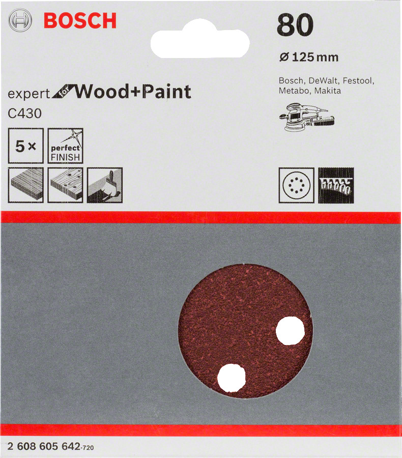 Slīppapīrs,kokam,PEX D=125mm,K80,5 gab., Ekscentra slīpmašīnām, ekscentra slīpmašīnām ar putekļu maisu C430 EXPERT FOR WOOD AND PAINT, 2608605642 BOSCH