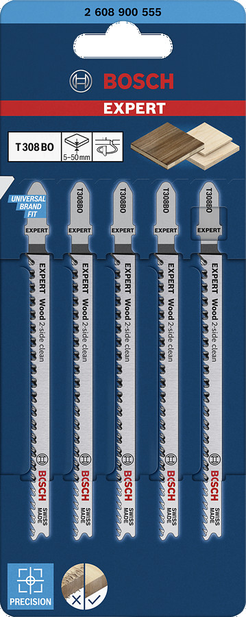 5  figūrzāģa asmeņi T308BO Wood 2-side clean, Figūrzāģiem EXPERT WOOD 2-SIDE CLEAN T308BO FIGŪRZĀĢA ASMENS, 2608900555, BOSCH