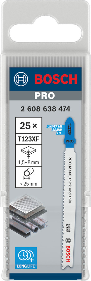 25 figūrzāģa asmeņi T 123 X (Progressor), Figūrzāģiem PRO METAL THICK AND THIN T123XF FIGŪRZĀĢA ASMENS, 2608638474, BOSCH