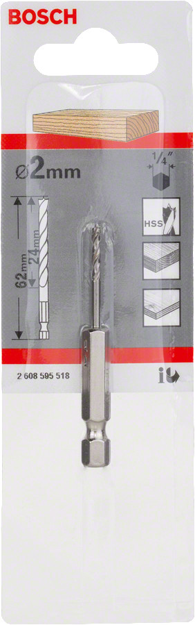 Urbis kokam, 6-kanta kāts Ø 2 mm, 61,5 mm, Urbjmašīnām/skrūvgriežiem, triecienurbjmašīnām/triecienskrūvgriežiem HSS SPIRĀLURBIS, 2608595518, BOSCH