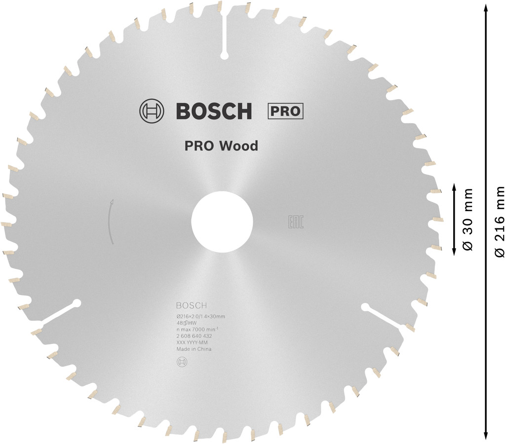 Stacionārā ripzāģa disks 216x30x48 kokam, Paneļzāģiem PRO WOOD RIPZĀĢA ASMENS, 2608640432, BOSCH