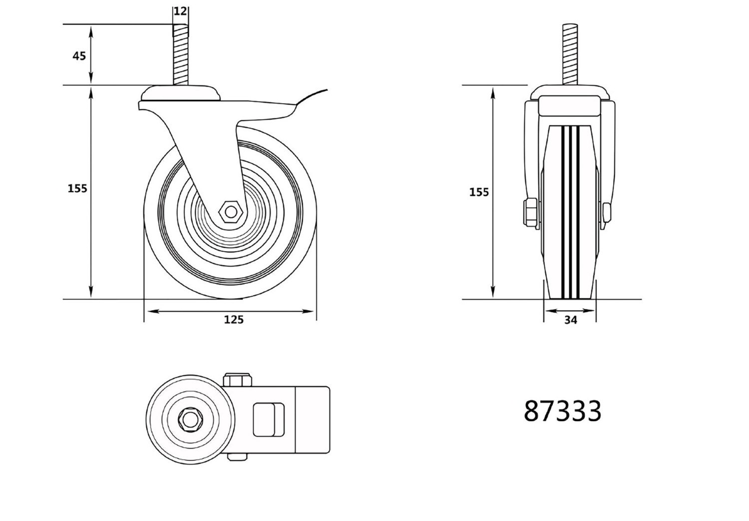 THR.STEM DBL BRAKE SW.CASTER-BLACK RUB. 87333 VOREL