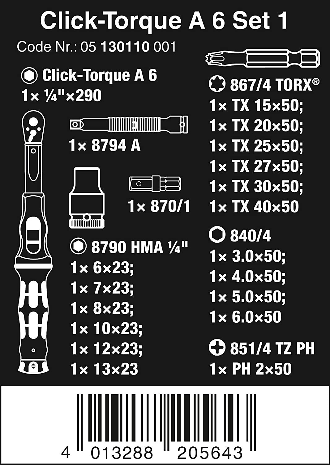 Dinamometrinio rakto ir antgalių rinkinys 1/4" (20 vnt.) Click-Torque A 6 05130110001 WERA