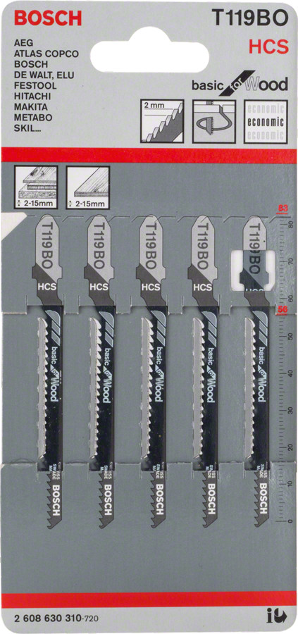 5 figūrzāģa asmeņi T 119 BO, Figūrzāģiem FIGŪRZĀĢA ASMENS T 119 BO BASIC FOR WOOD, 2608630310, BOSCH