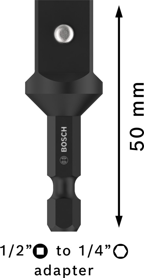 Pāreja muciņām 1/4'' --1/2, 50mm, Tiecienskrūvgriežiem, akumulatoru skrūvgriežiem PRO SOCKET ADAPTER AR TAPAS SAVIENOJUMU, 2608551107, BOSCH