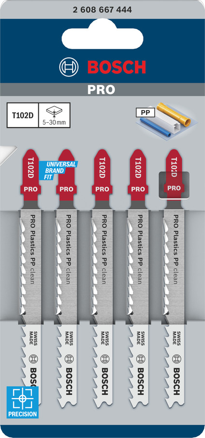 5 figūrzāģa asmeņi T 102 D, Clean for PP, Figūrzāģiem PRO PLASTICS PP CLEAN T102D FIGŪRZĀĢA ASMENS, 2608667444, BOSCH