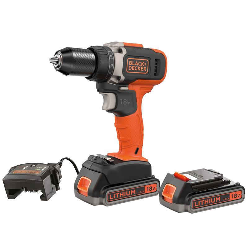 18 V 2 greičių gręžtuvas, metalinis griebtuvas, 2 x 2,5 Ah baterija, 1 A įkroviklis, komplekto dėžutė BCD002ME2K-QW BLACK DECKER