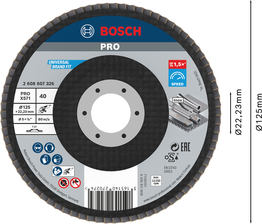 Slīpp.slīpšķ.metālam top D=125 mm, K 40, 1 gab., Mazām leņķa slīpmašīnām PRO X571 VĒDEKĻVEIDA DISKS, 2608607326, BOSCH