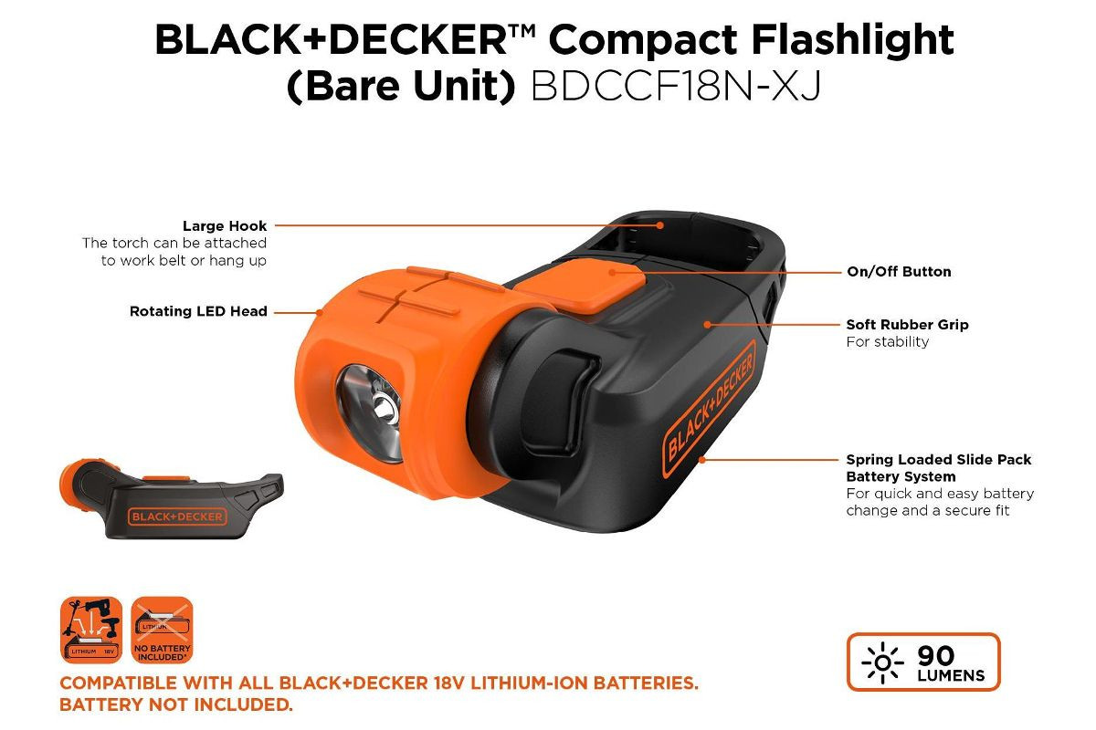 Cordless flashlight BDCCF18N, without battery / charger, Black+Decker -  Hand lamps