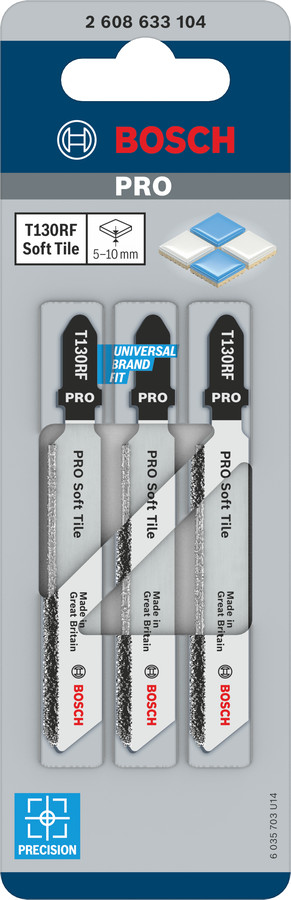 3 figūrzāģa asmeņi T 130 Riff Ceramics, Figūrzāģiem PRO SOFT TILE T130RF FIGŪRZĀĢA ASMENS, 2608633104, BOSCH