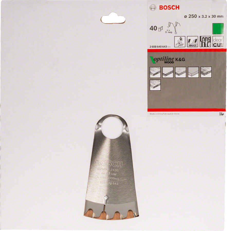 Ripzāģa disks 250x30 mm Optiline Wood, Paneļzāģiem PRO WOOD RIPZĀĢA ASMENS, 2608640643, BOSCH