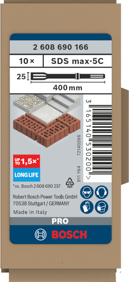 SDS max plakanais kalts R-Tec 25x400mm 10 gab., Perforatora urbjiem, smalcinātājiem PRO SDS MAX-5C PLAKANO KALTU KOMPLEKTS, 2608690166, BOSCH