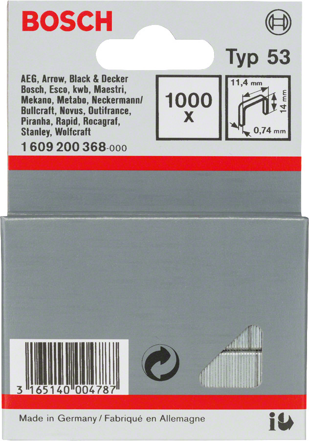 Skavas 53 tips 11,4x14 mm, 1000 gab., Bezvadu/pneimatiskajiem skavotājiem, rokas skavotājiem SMALKSTIEPLES SKAVA, TYPE 53, 1609200368, BOSCH