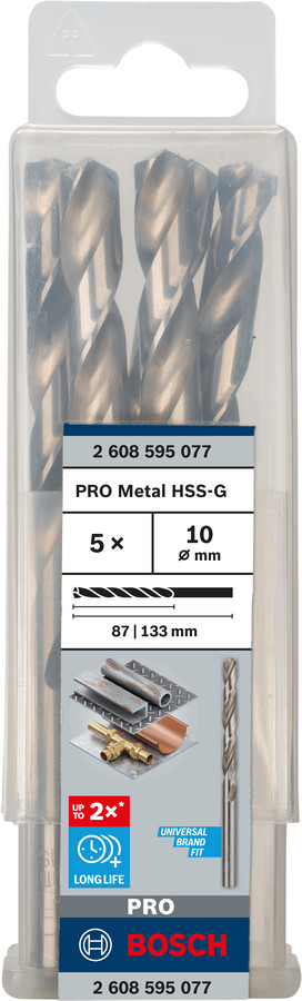 HSS-G urbji metālam 10.0mm, 5gab., Urbjmašīnām/skrūvgriežiem PRO METAL HSS-G STANDARTA SPIRĀLVEIDA URBJA GARUMS, 2608595077, BOSCH