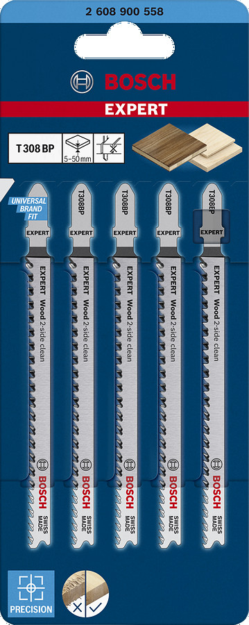 5  figūrzāģa asmeņi T308BP Wood 2-side clean, Figūrzāģiem EXPERT WOOD 2-SIDE CLEAN T308BP FIGŪRZĀĢA ASMENS, 2608900558, BOSCH