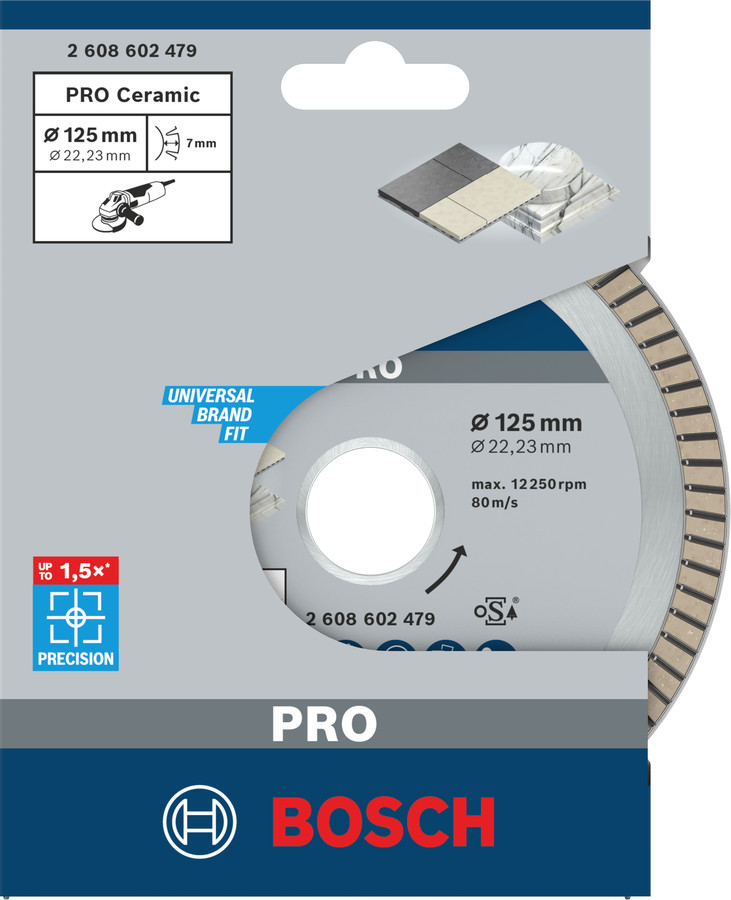 Dimanta grieš. disks *** Flīzēm 125mm;22,23mm, Mazām leņķa slīpmašīnām, marmora zāģiem PRO CERAMIC DIMANTA GRIEZĒJDISKS, 2608602479, BOSCH