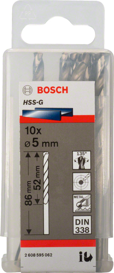 HSS-G urbji metālam 5.0mm, 10gab., Urbjmašīnām/skrūvgriežiem PRO METAL HSS-G STANDARTA SPIRĀLVEIDA URBJA GARUMS, 2608595062, BOSCH