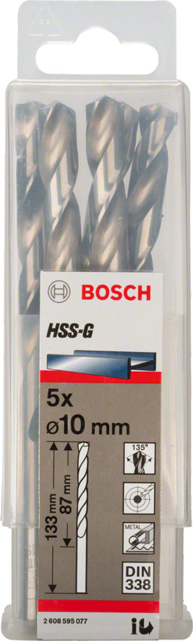 HSS-G urbji metālam 10.0mm, 5gab., Urbjmašīnām/skrūvgriežiem PRO METAL HSS-G STANDARTA SPIRĀLVEIDA URBJA GARUMS, 2608595077, BOSCH