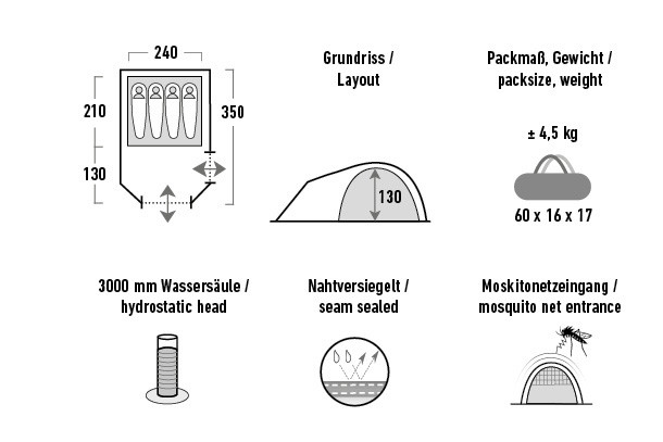 Kupolinė palapinė Kira 4.0 4 lovos 340x240x130cm pilka H-HP-10373 HIGH PEAK