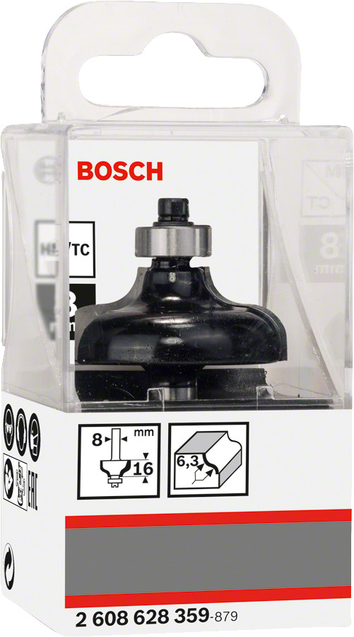 Malu frēze HM R=6,3mm, l=16mm,kāts 8mm, Rokas frēzēm, malu frēzēm PROFILU FRĒZE STANDARD FOR WOOD, 2608628359, BOSCH