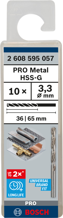 HSS-G urbji metālam 3,3mm, 10gab., Urbjmašīnām/skrūvgriežiem PRO METAL HSS-G STANDARTA SPIRĀLVEIDA URBJA GARUMS, 2608595057 BOSCH