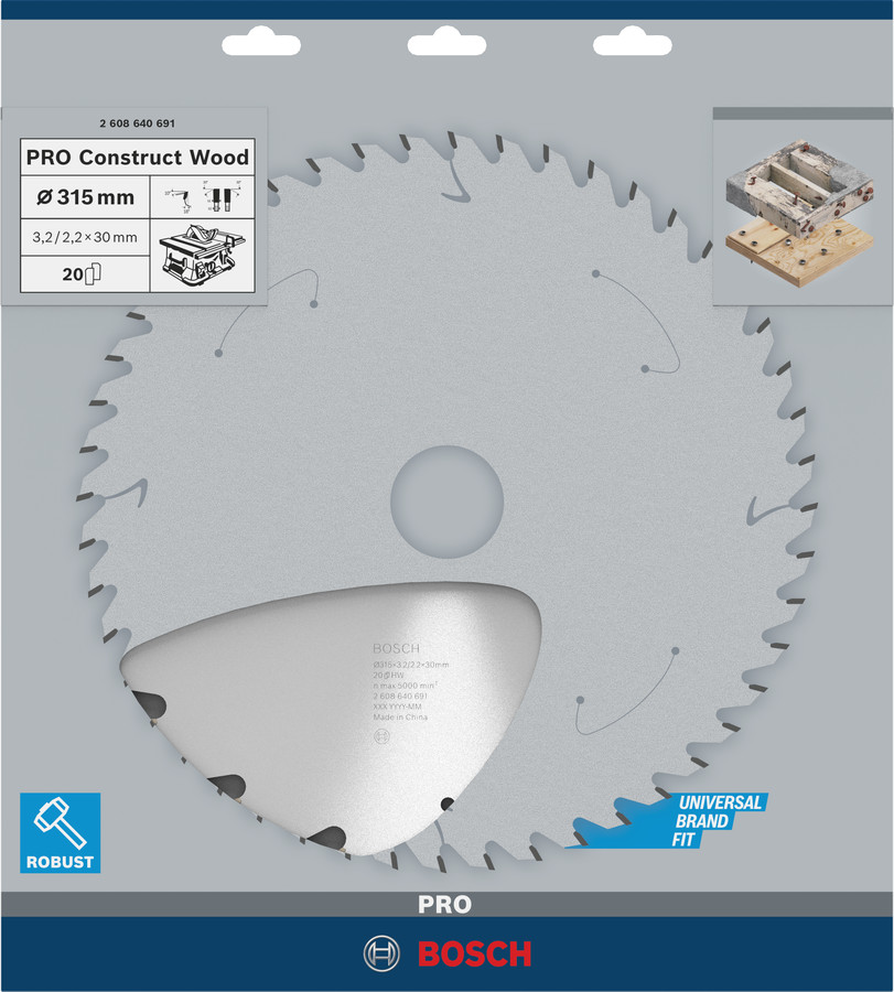 Ripāģa disks 315x30mm Construct wood top 20, Galda zāģiem PRO CONSTRUCT WOOD RIPZĀĢA ASMENS, 2608640691, BOSCH