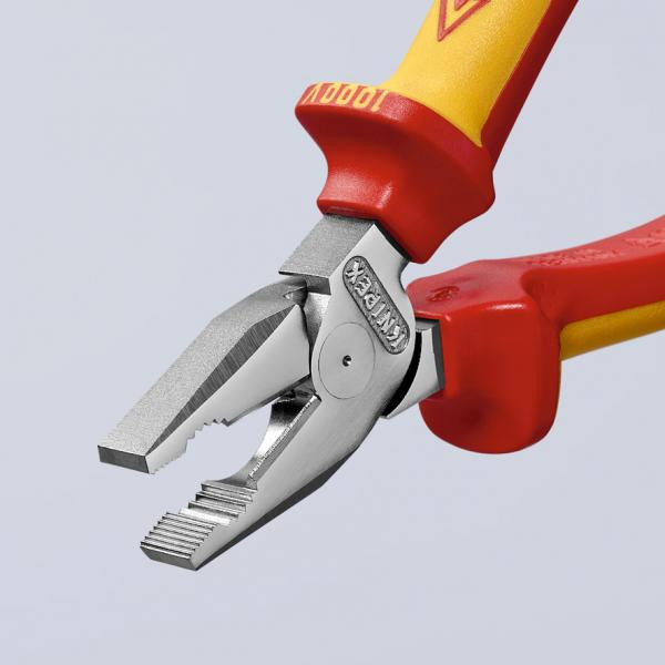 HIGH LEVERAGE COMBINATION PLIERS CHROME PLATED, HANDLES INSULATED WITH MULTI-COMPONENT GRIPS, VDE-TESTED, 0206180SB KNIPEX