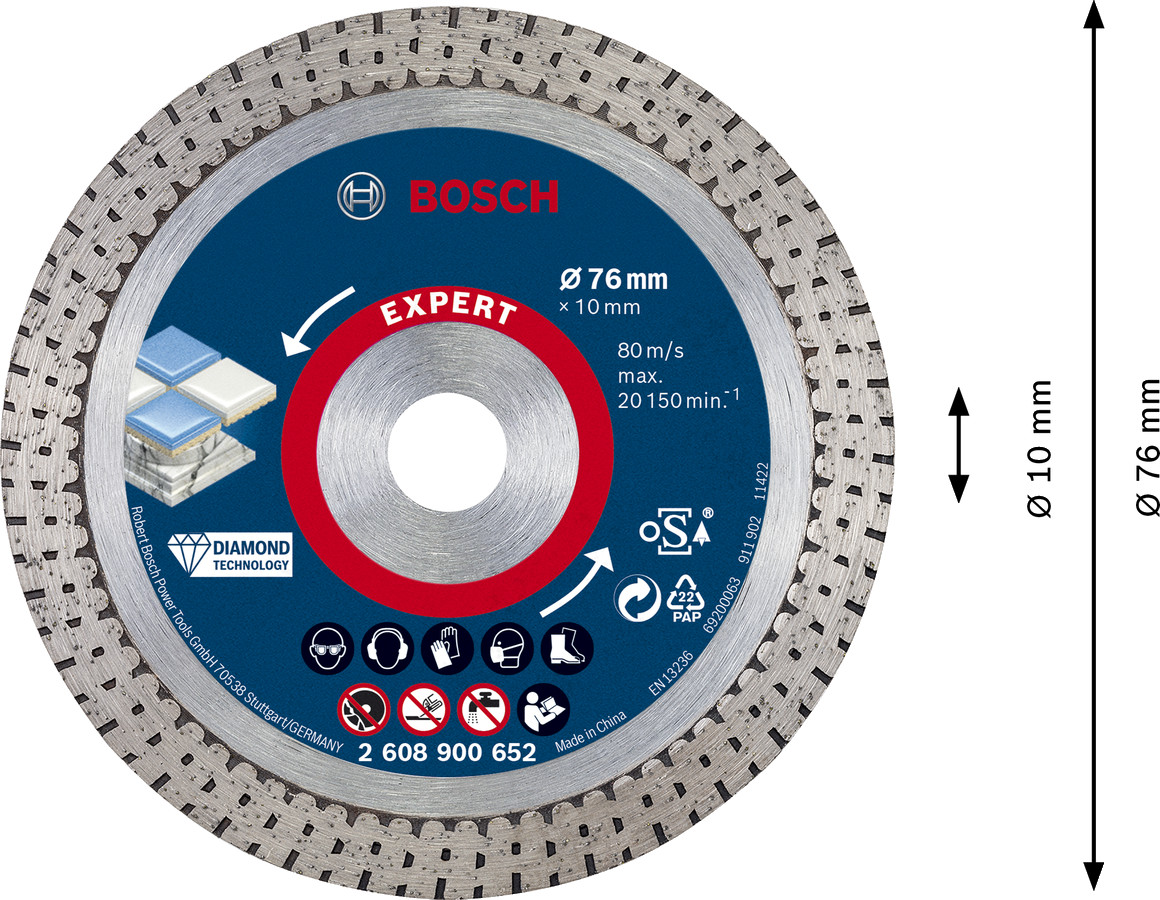 Dimanta grieš. Disks HardCeramic 76x1,9x10 mm, Mazām leņķa slīpmašīnām EXPERT HARD CERAMIC DIMANTA GRIEZĒJDISKS, 2608900652, BOSCH