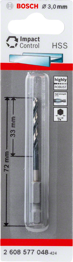 Urbis met., Ø 3mm, 72mm 1/4" 6-kanta kāts, 1gab., Urbjmašīnām/skrūvgriežiem, triecienurbjmašīnām/triecienskrūvgriežiem HSS SPIRĀLVEIDA URBIS IMPACT CONTROL, 2608577048 BOSCH