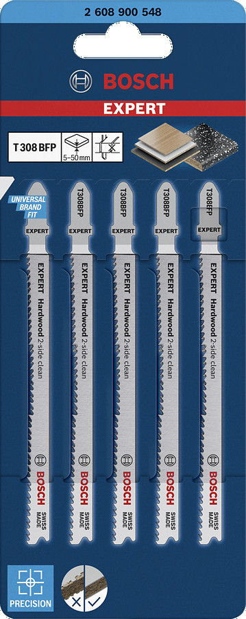 5  figūrzāģa asmeņi T308BFP Hardwood clean, Figūrzāģiem EXPERT HARDWOOD 2-SIDE CLEAN T308BFP FIGŪRZĀĢA ASMENS, 2608900548, BOSCH