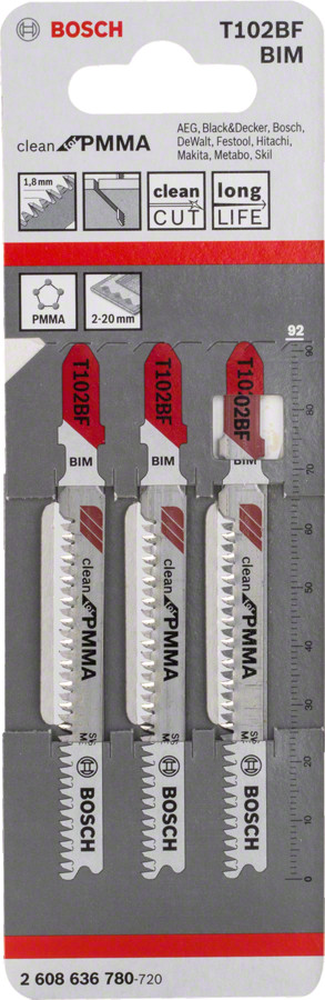 3 figūrzāģa asmeņi T 102 BF, Clean for PMMA, Figūrzāģiem PRO PLASTICS PMMA CLEAN T102BF FIGŪRZĀĢA ASMENS, 2608636780, BOSCH