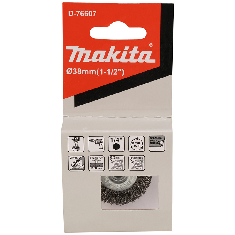 Diskinis šepetys 38mm, 1/4" HEX gofruoto plieno šeriai D-76607 MAKITA