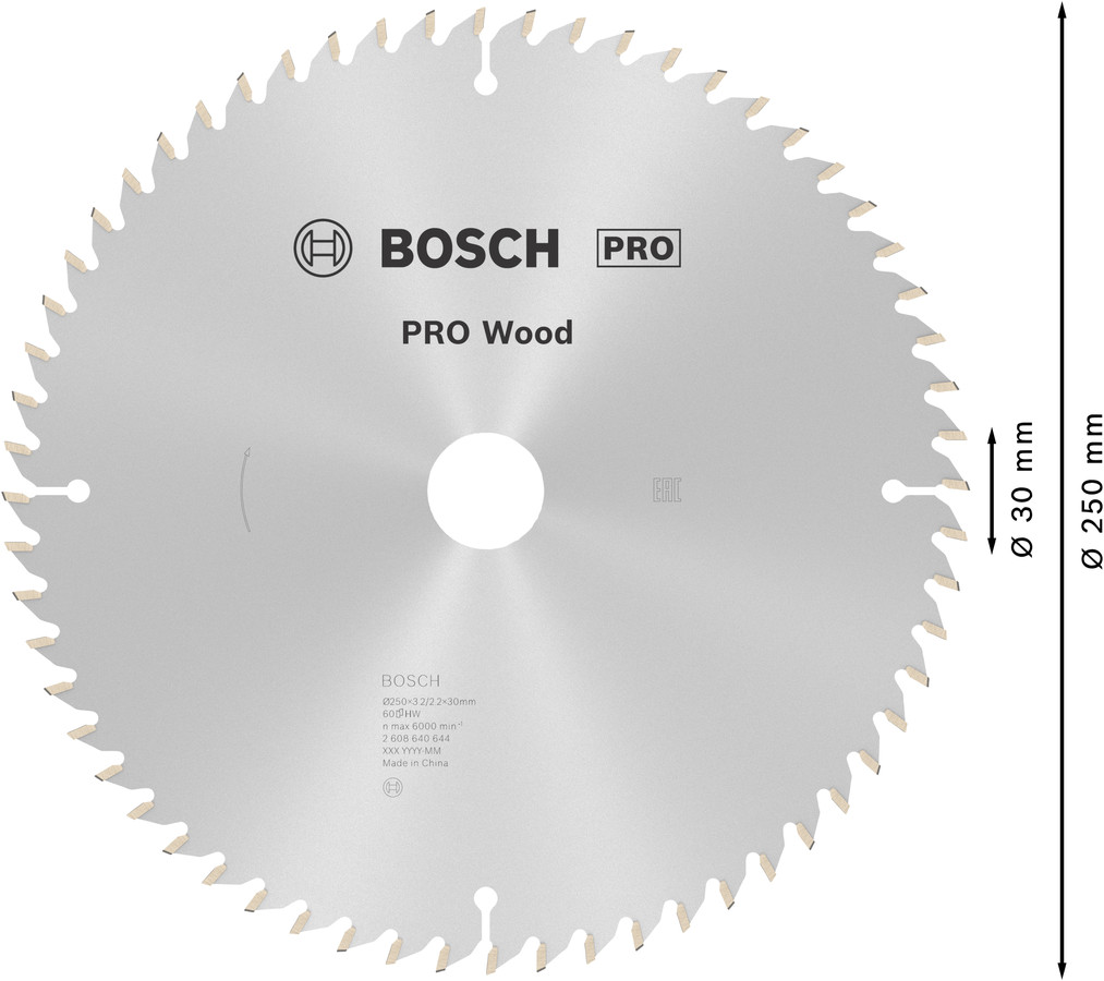 Ripzāģa disks 250x30mm Optiline Wood, Paneļzāģiem PRO WOOD RIPZĀĢA ASMENS, 2608640644, BOSCH