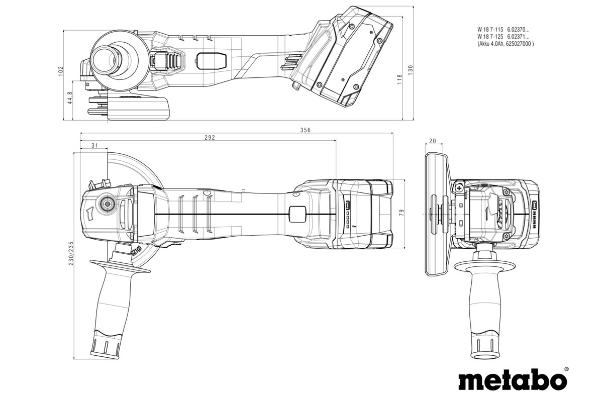 Akumulatora leņķa slīpmašīna W 18 7-125, 2x4Ah, METABOX; 602371510 METABO